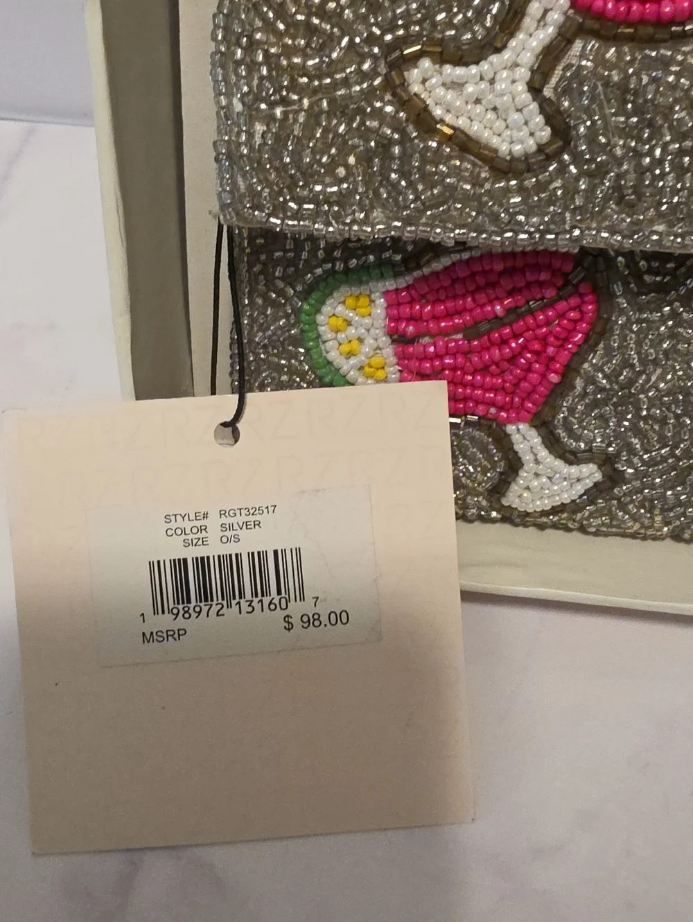 Rachel Zoe Silver Beaded Cocktail Clutch Set with Pink Cocktail Motifs Brand New